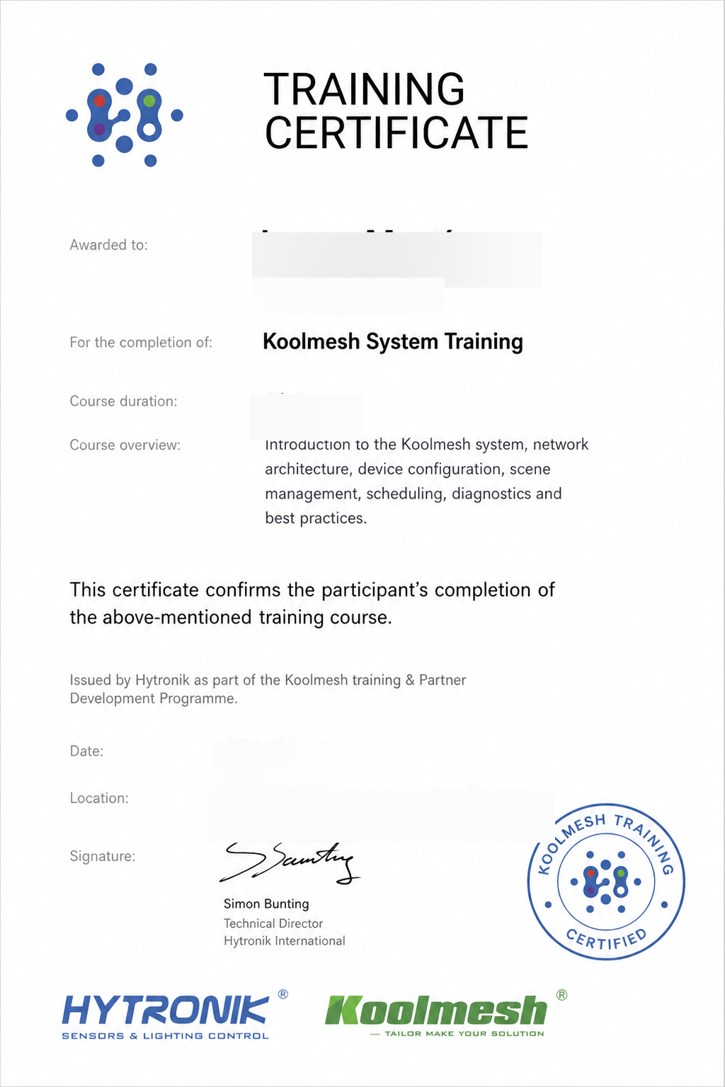 Muster eines Koolmesh-Trainingszertifikats
