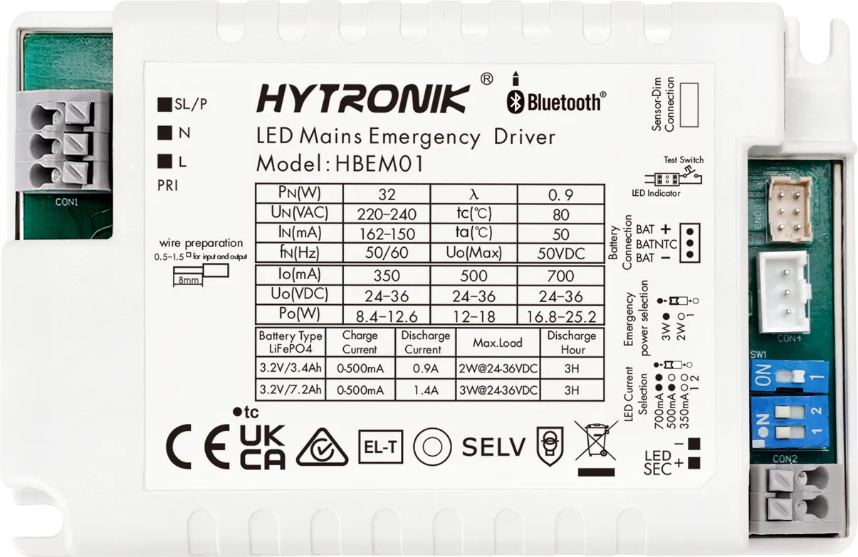 Top view of HBEM01 Emergency Driver Max.25w  BLE & Switch-Dim  LiFePO4