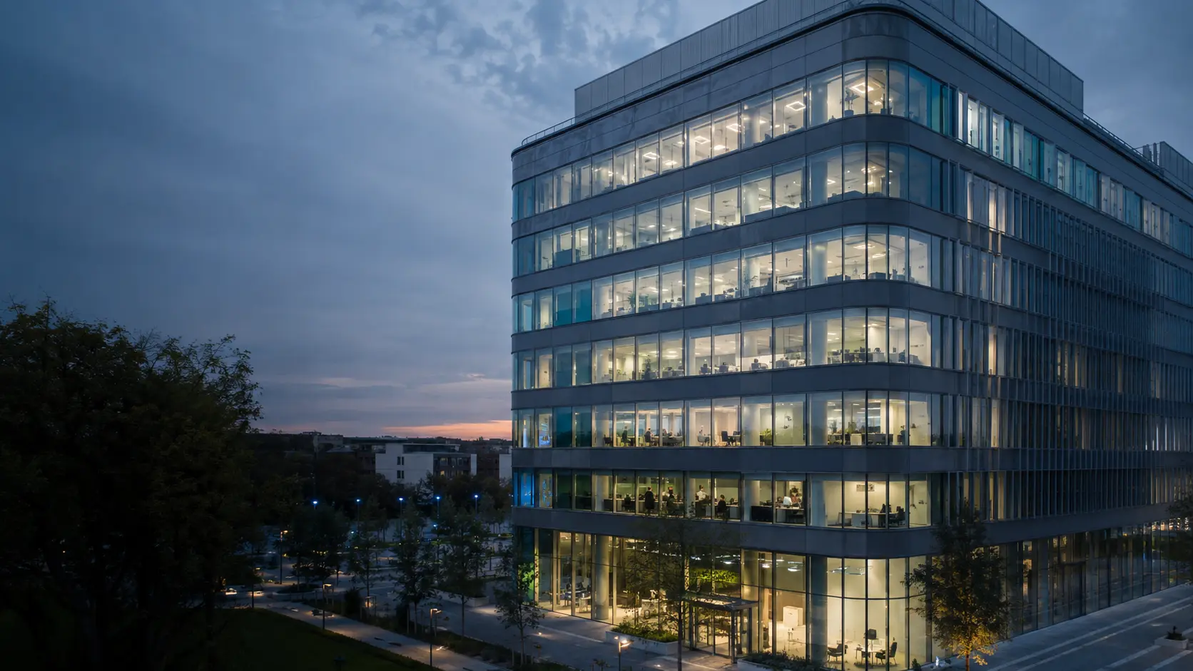 Modern European commercial building with connected lighting and building systems