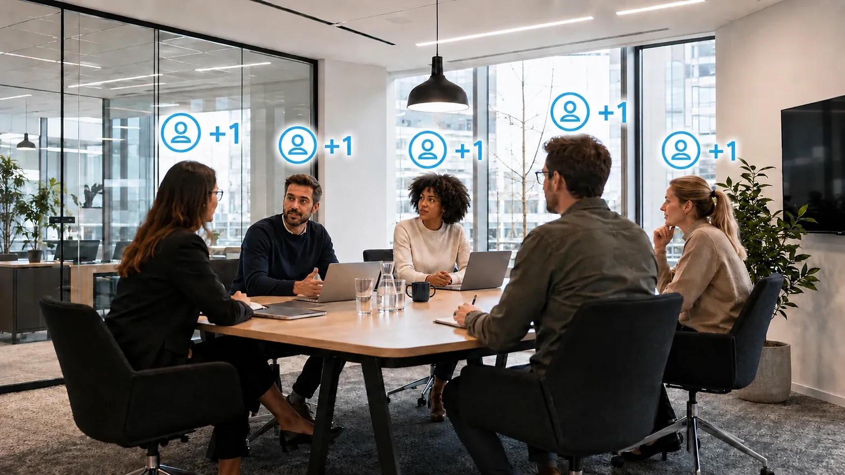 Five people in a meeting room, each represented by an anonymous occupancy count marker