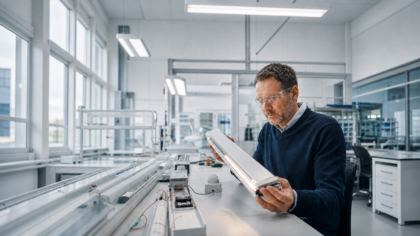 Luminaire manufacturer reviewing a lighting fixture in a test environment
