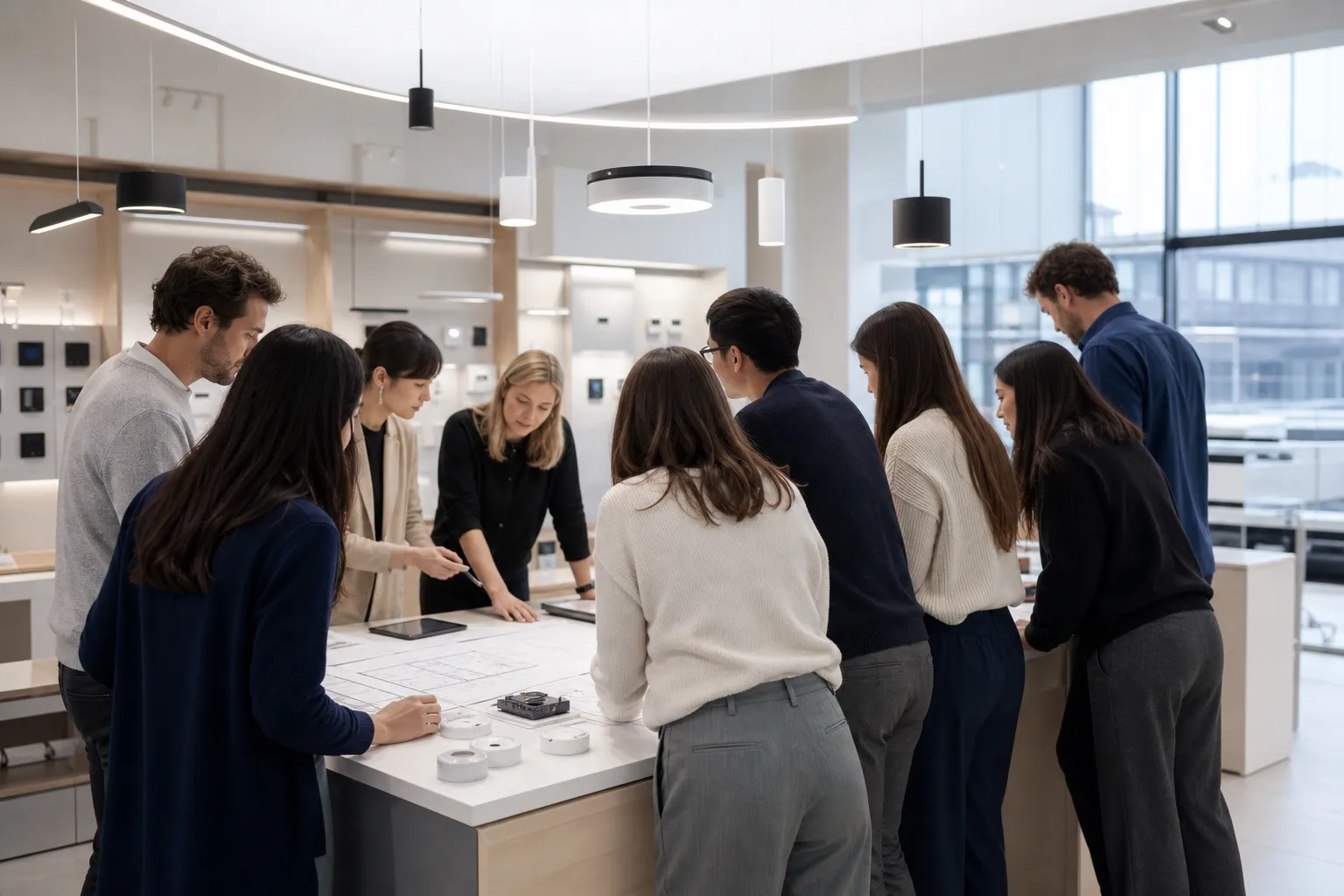 Hytronik colleagues collaborating in a modern lighting workspace
