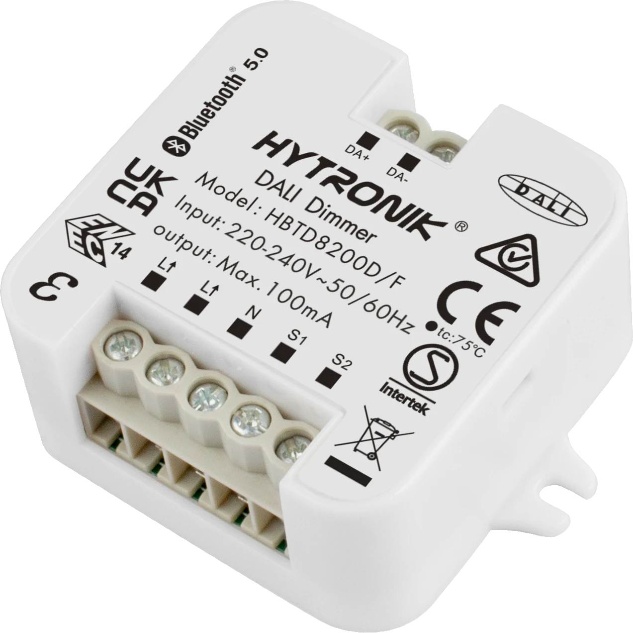 Side view of HBTD8200D/F DALI/Bluetooth Converter  Integrated 100mA PSU  Screw Mounting