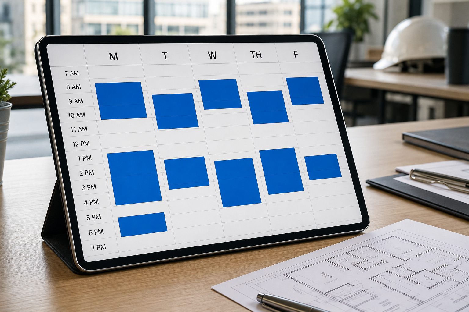 Clear weekly building operating schedule shown on a tablet