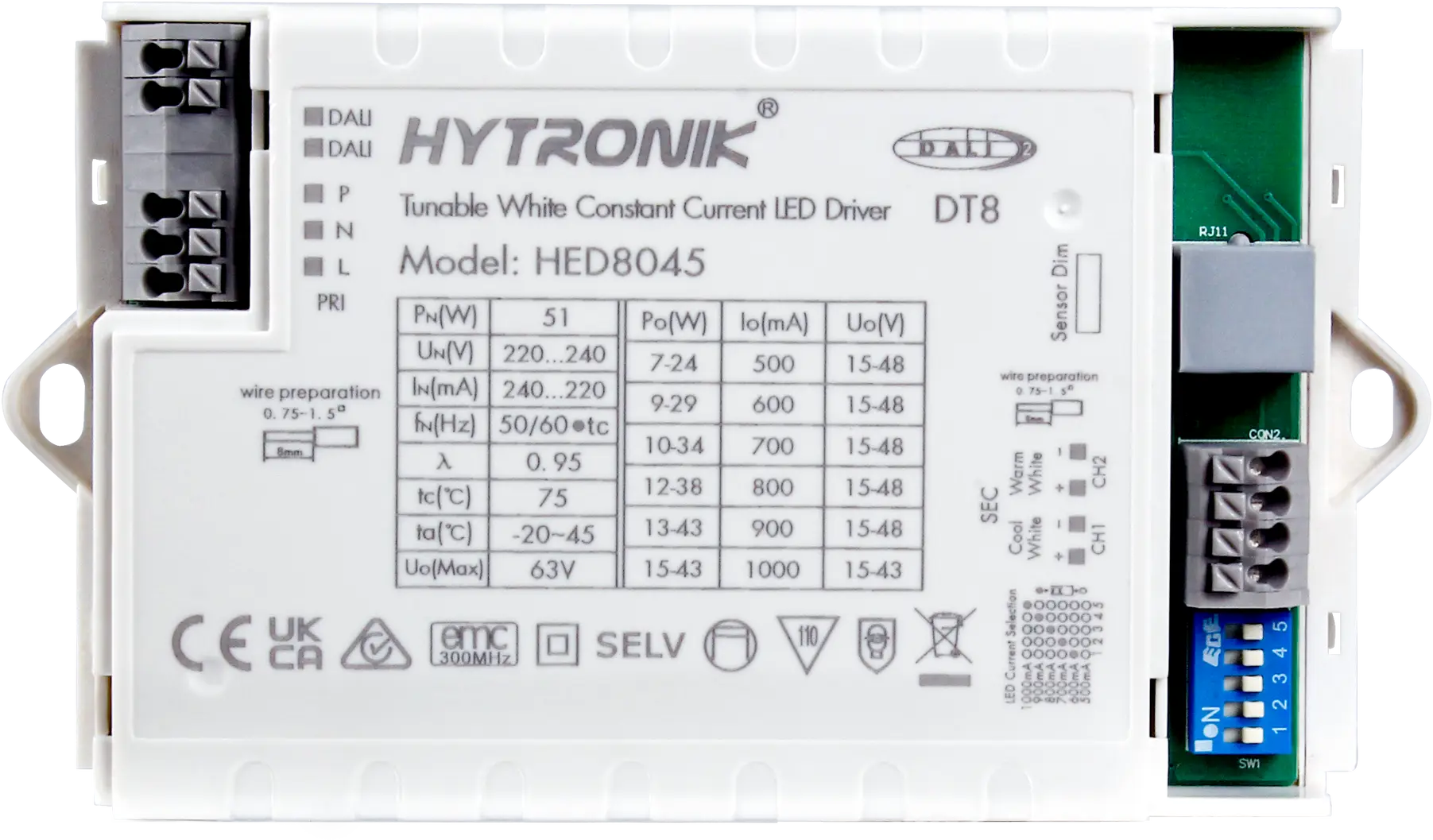 Top view of HED8045 DALI-2 LED Driver 45W Dimmable Tunable white  Plugable Sensor heads