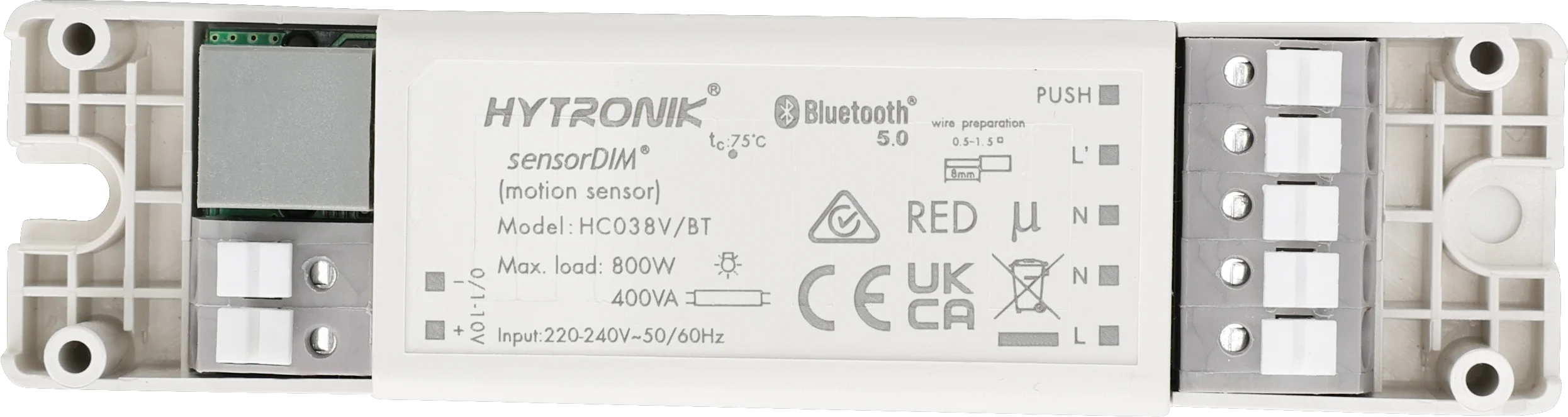 Front view of HC038V/BT  Control body  Bluetooth with 1-10V  Attachable sensor heads