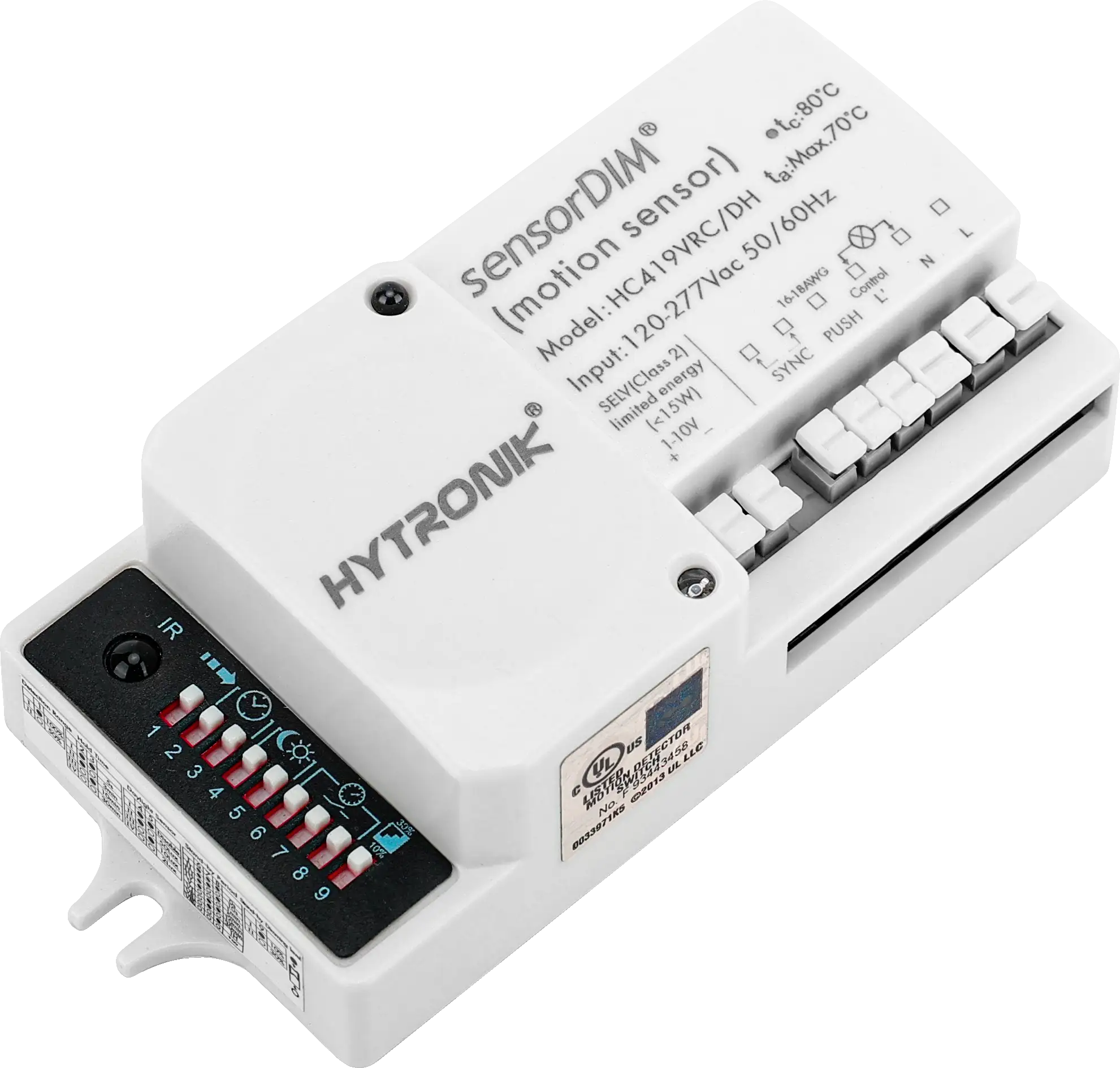 Side view of HC419VRC/DH HF Lowbay  Photocell Advance  Setting via Dip-Switch/IR controller