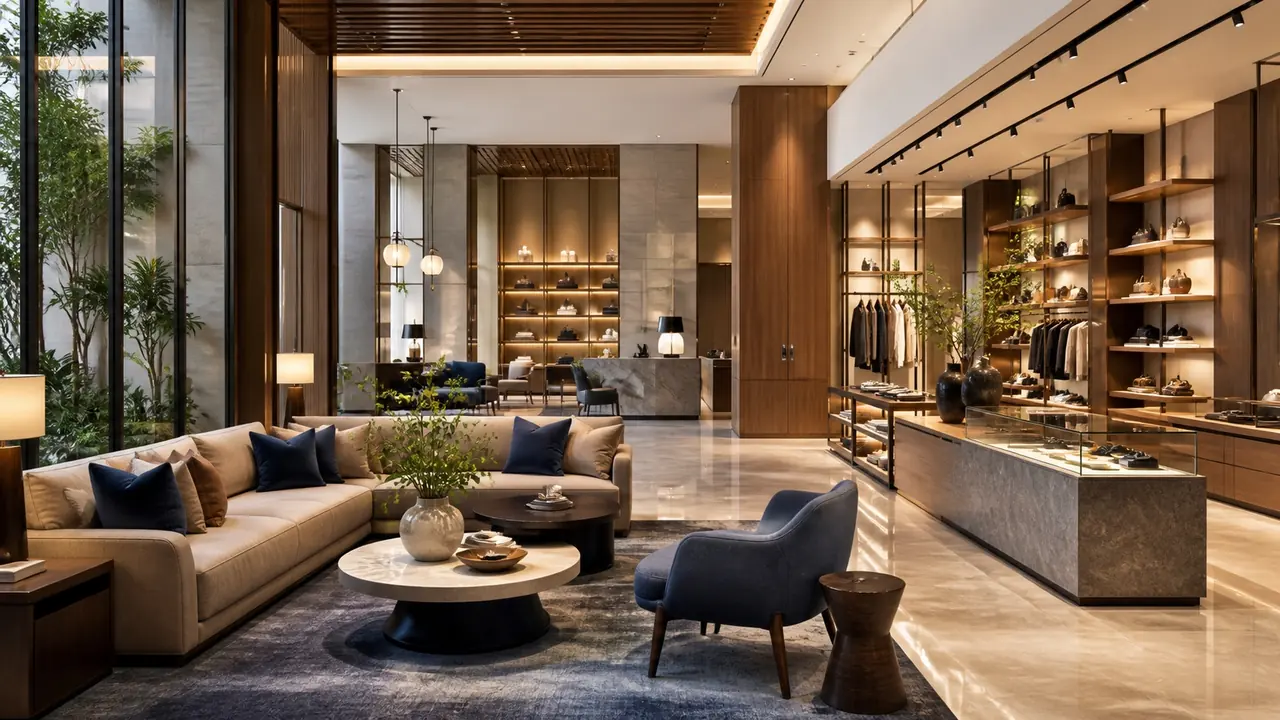 Contemporary retail and hospitality interior with zoned lighting