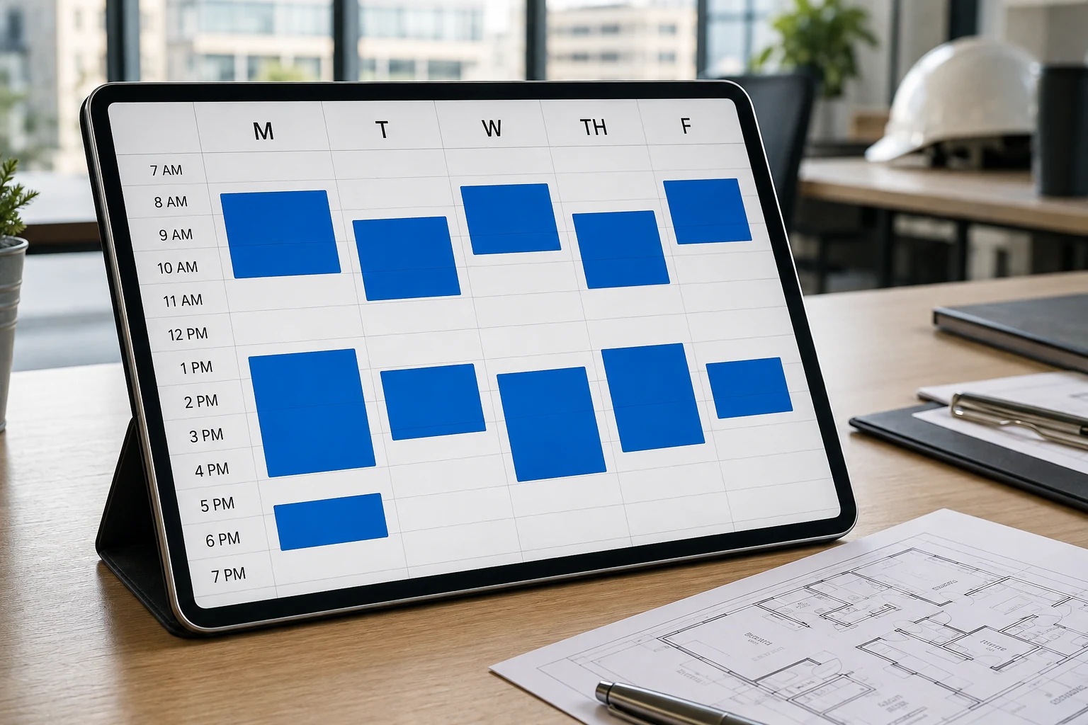 Clear weekly building operating schedule shown on a tablet