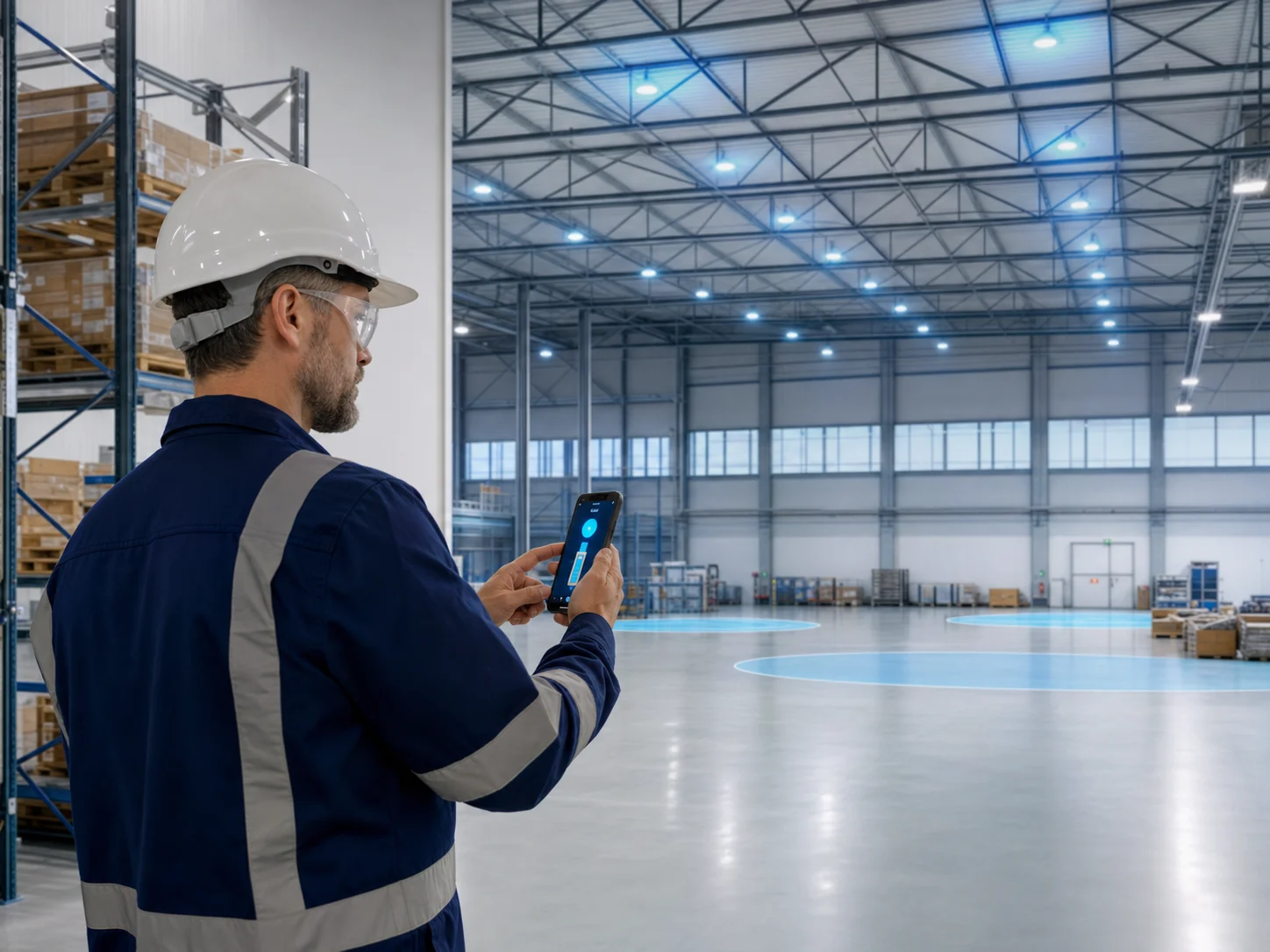Installer configuring warehouse lighting using a mobile app
