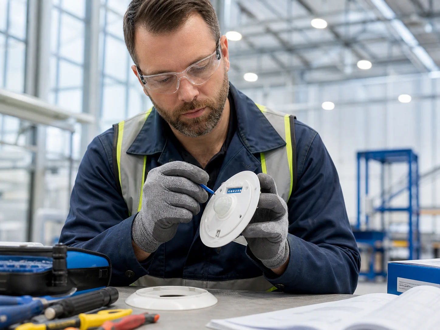 Installer configuring a sensor using DIP switches