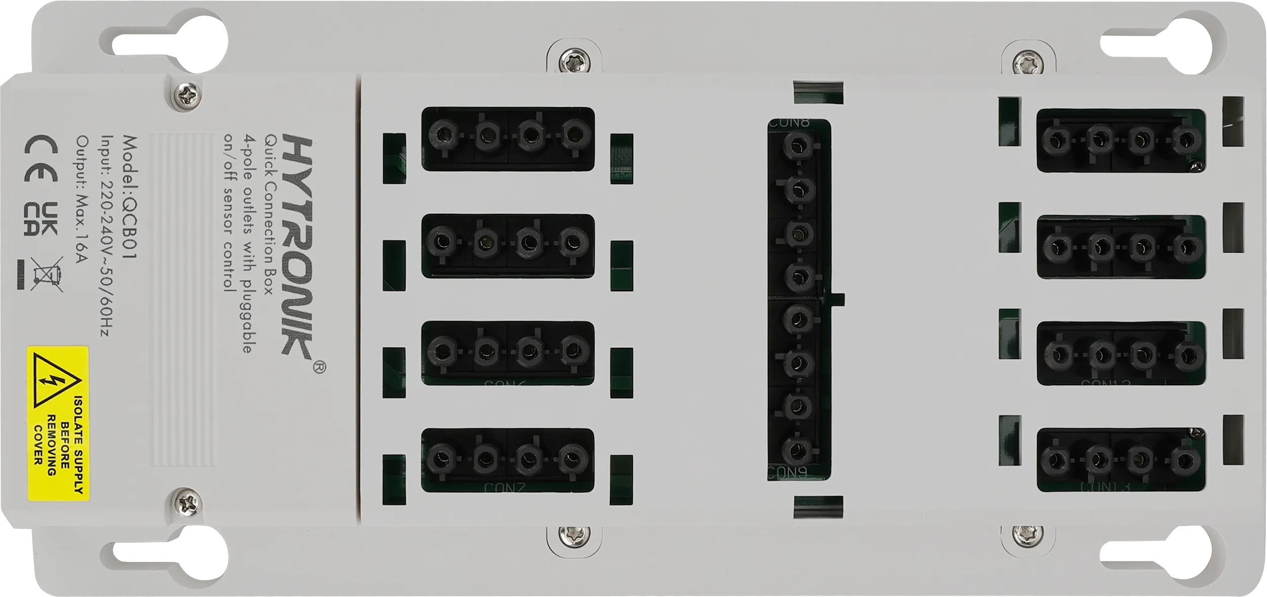 Top view of QCB01 Quick Connection Box  ON/OFF  GST Types 4-poles x 8 lum. + 1 sensor