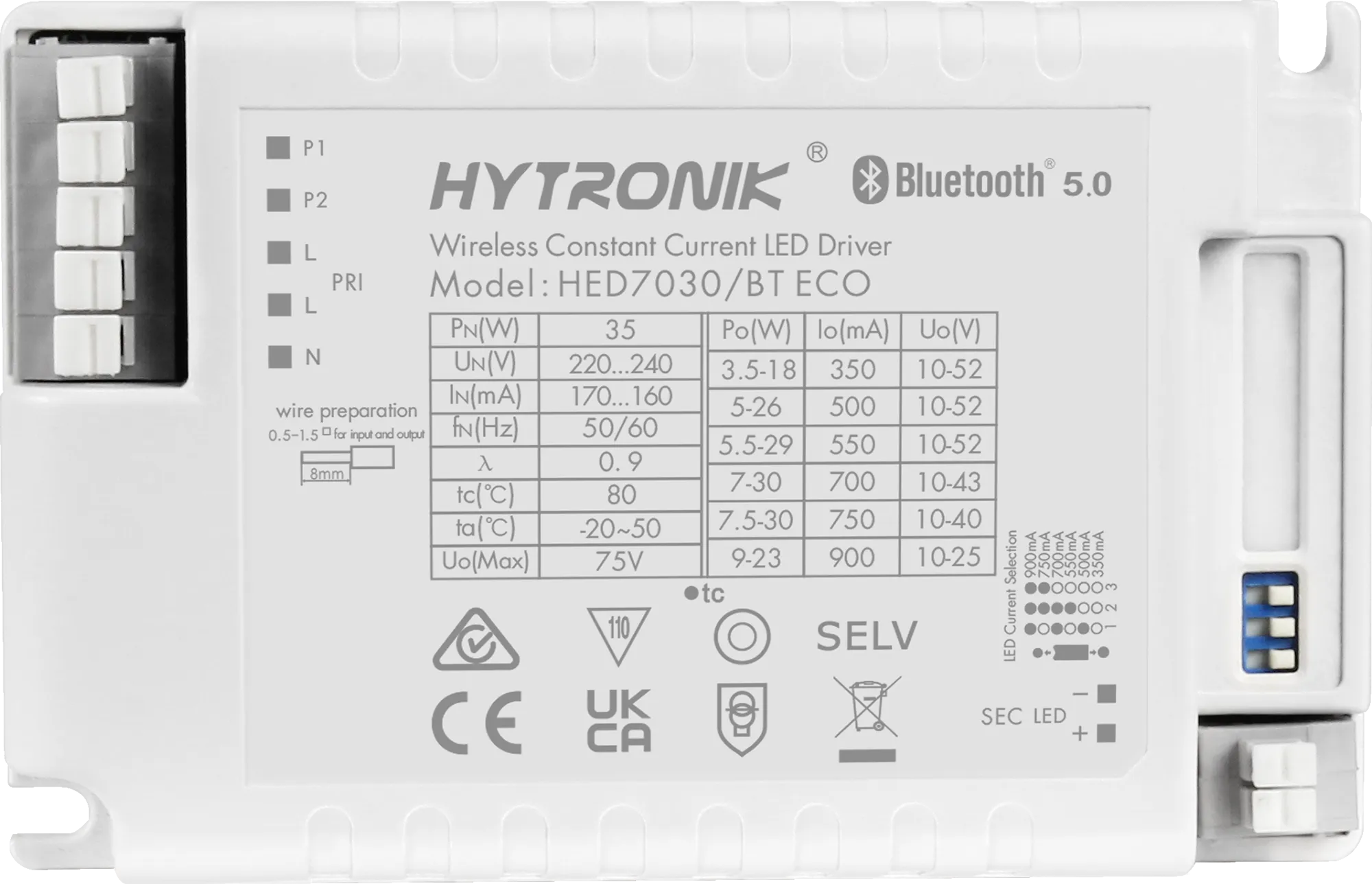 Top view of HED7030/BT Bluetooth Dimmable LED Driver  30W / 0.35-0.9mA  Compact formfactor