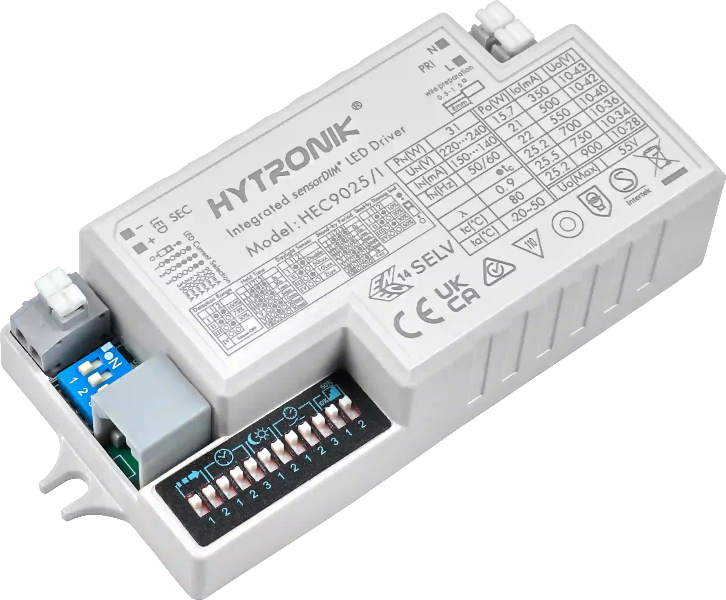 Side view of HEC9025/I UNV LED Driver 3.5-25.2W Dimmable  CC  detachable HF lowbay Sensor