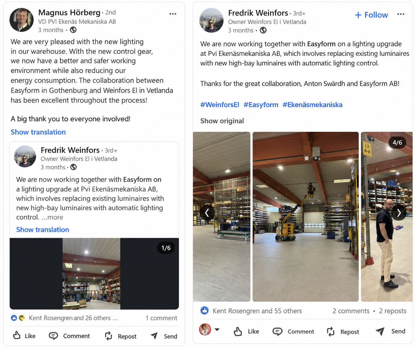 Lighting at PVI’s warehouse in Sweden with Hytronik sensors and Koolmesh wireless control.