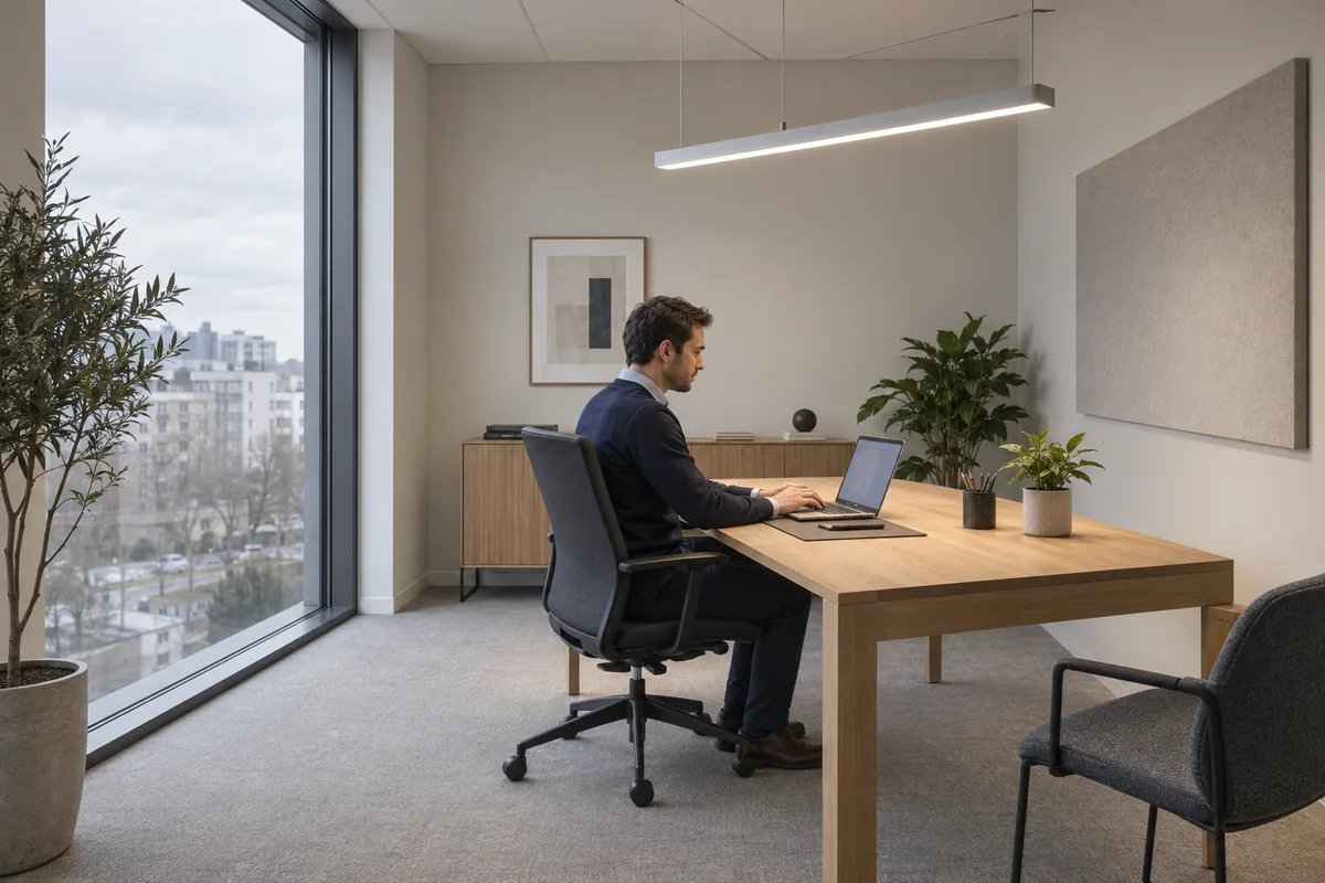 Una persona trabaja tranquilamente en la oficina con la luz del techo encendida