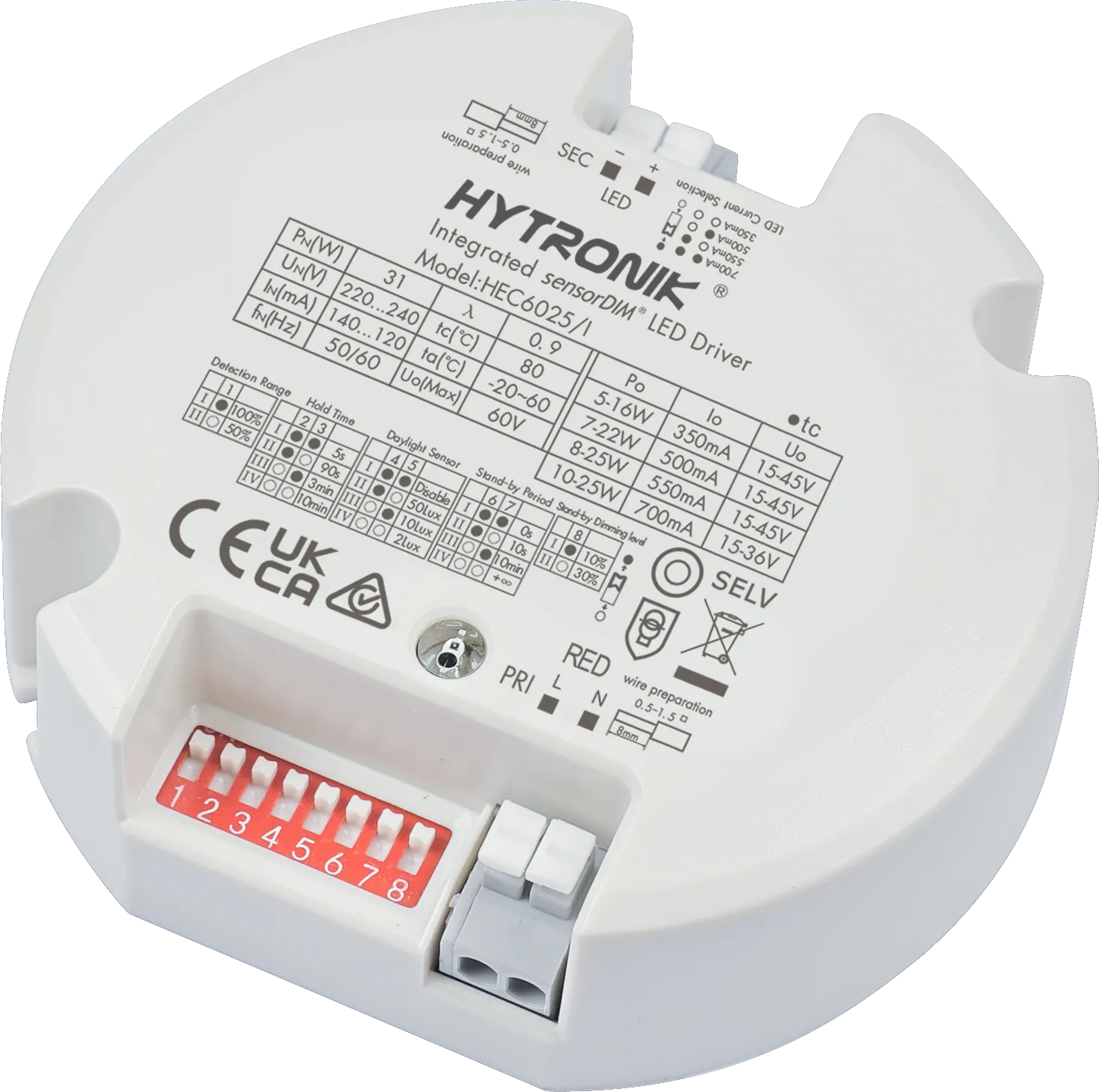 Side view of HEC6025/I LED Driver + HF Sensor  5-25W  Photocell Advance