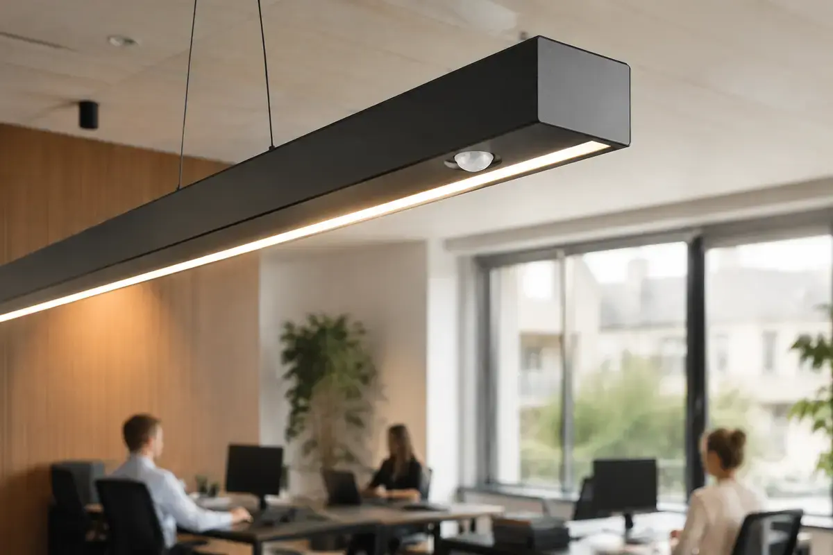 Modern office luminaire with an integrated room-level occupancy sensor
