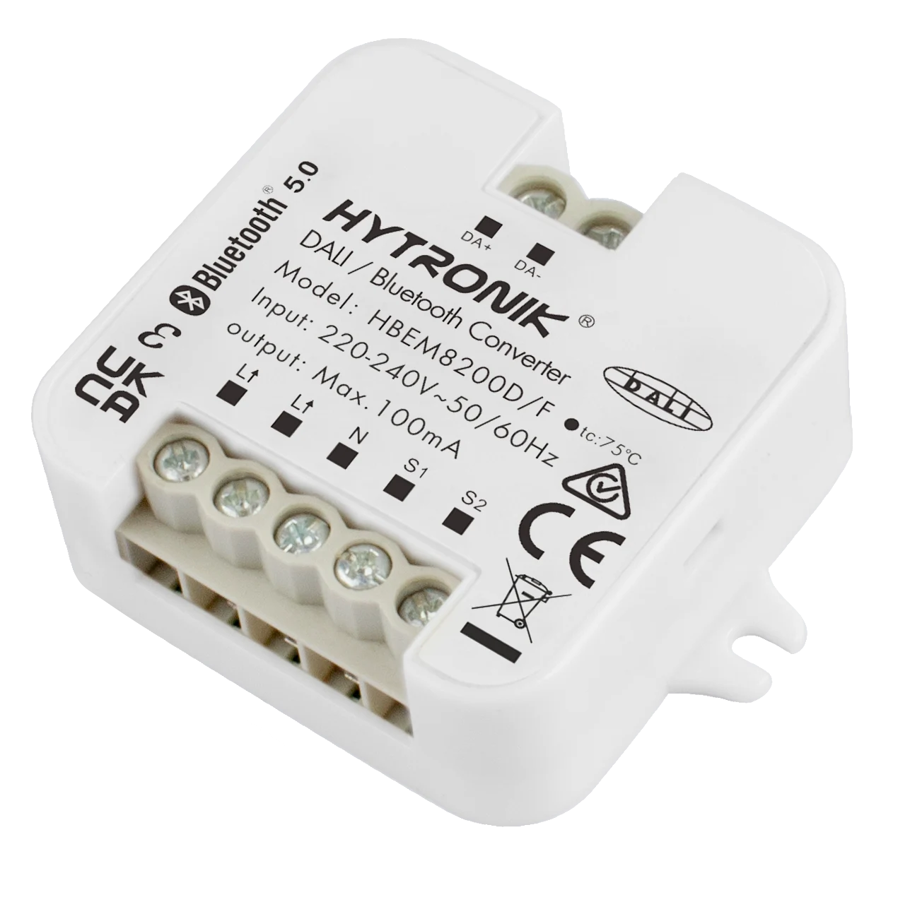 Side view of HBEM8200D/F DALI/Bluetooth converter  Integrated 100mA PSU  Screw mounting