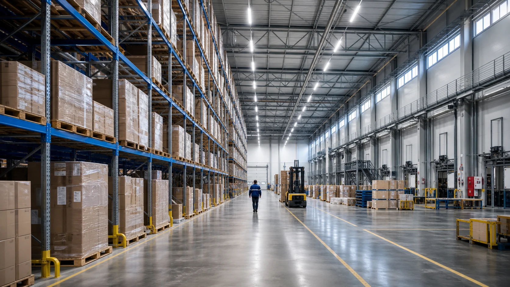 High-bay logistics warehouse with tall racking and a central circulation aisle