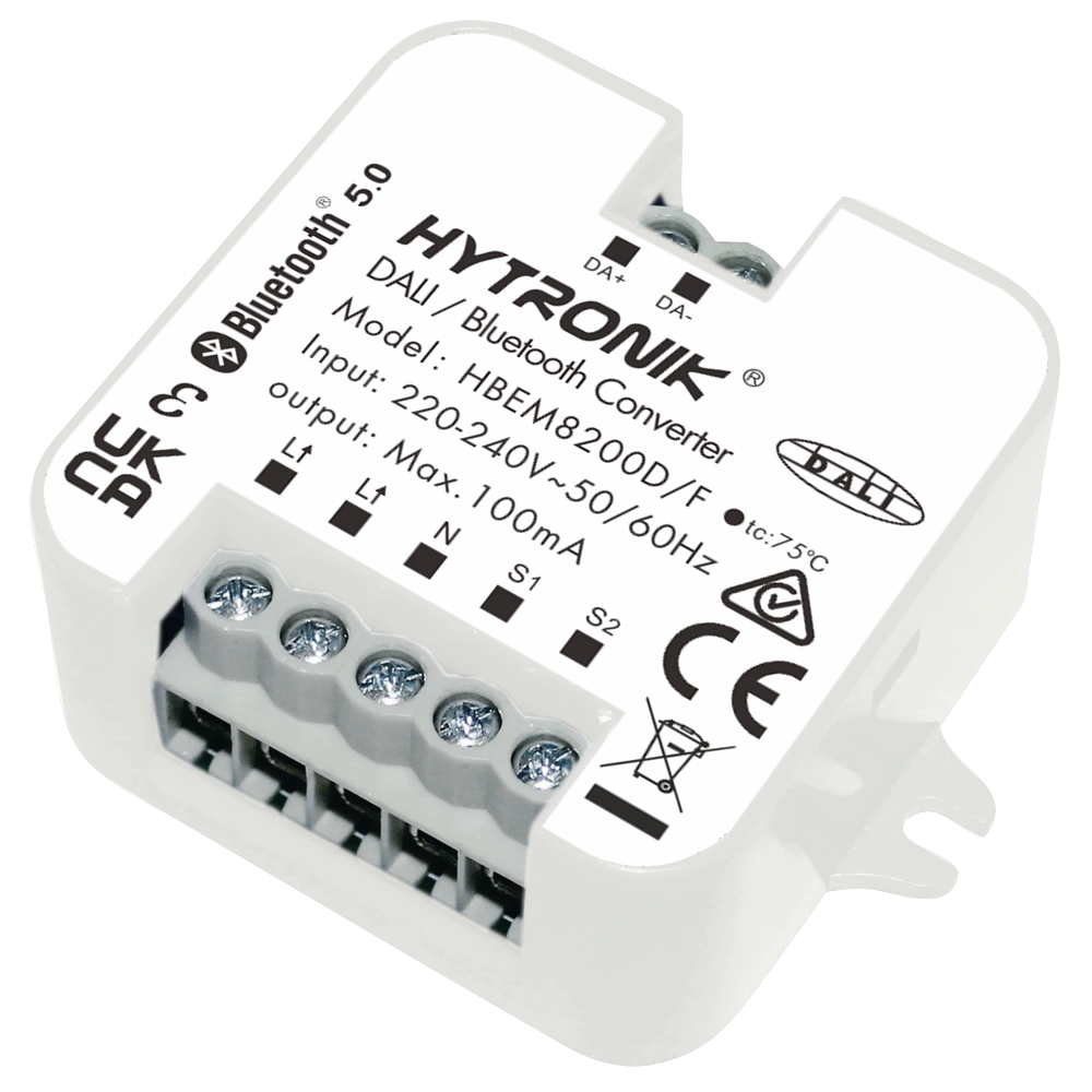 Side view of HBEM8200/F DALI/Bluetooth converter  Integrated 100mA PSU  Screw mounting