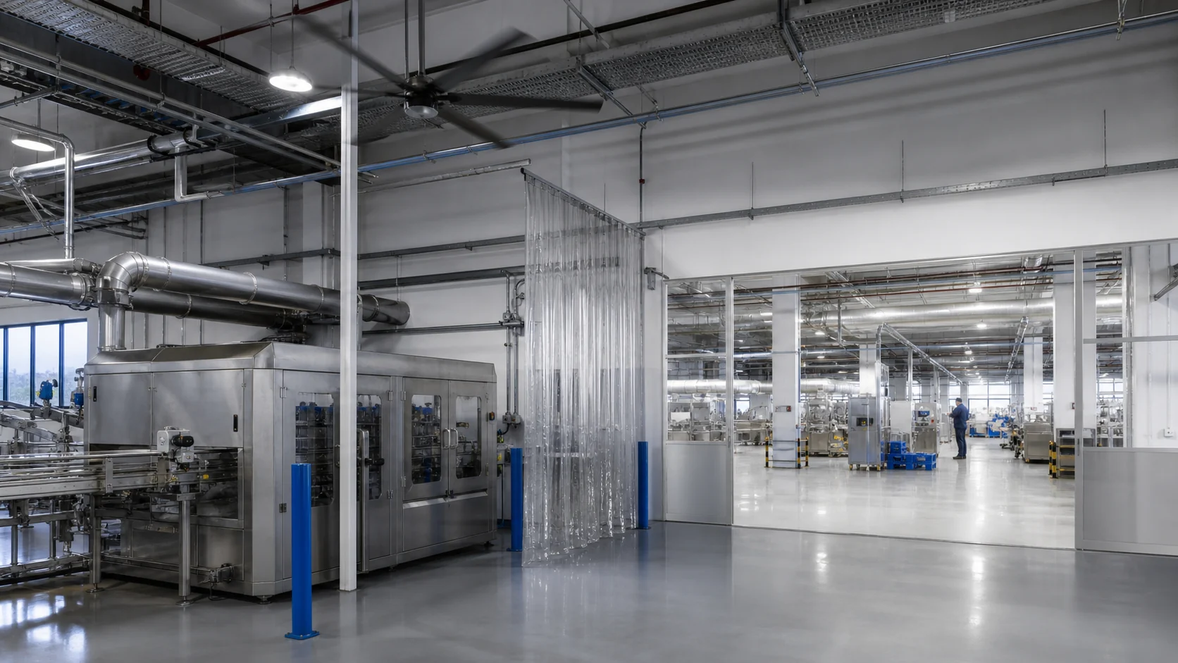 Industrial production environment with metal equipment, a ceiling fan and a flexible partition