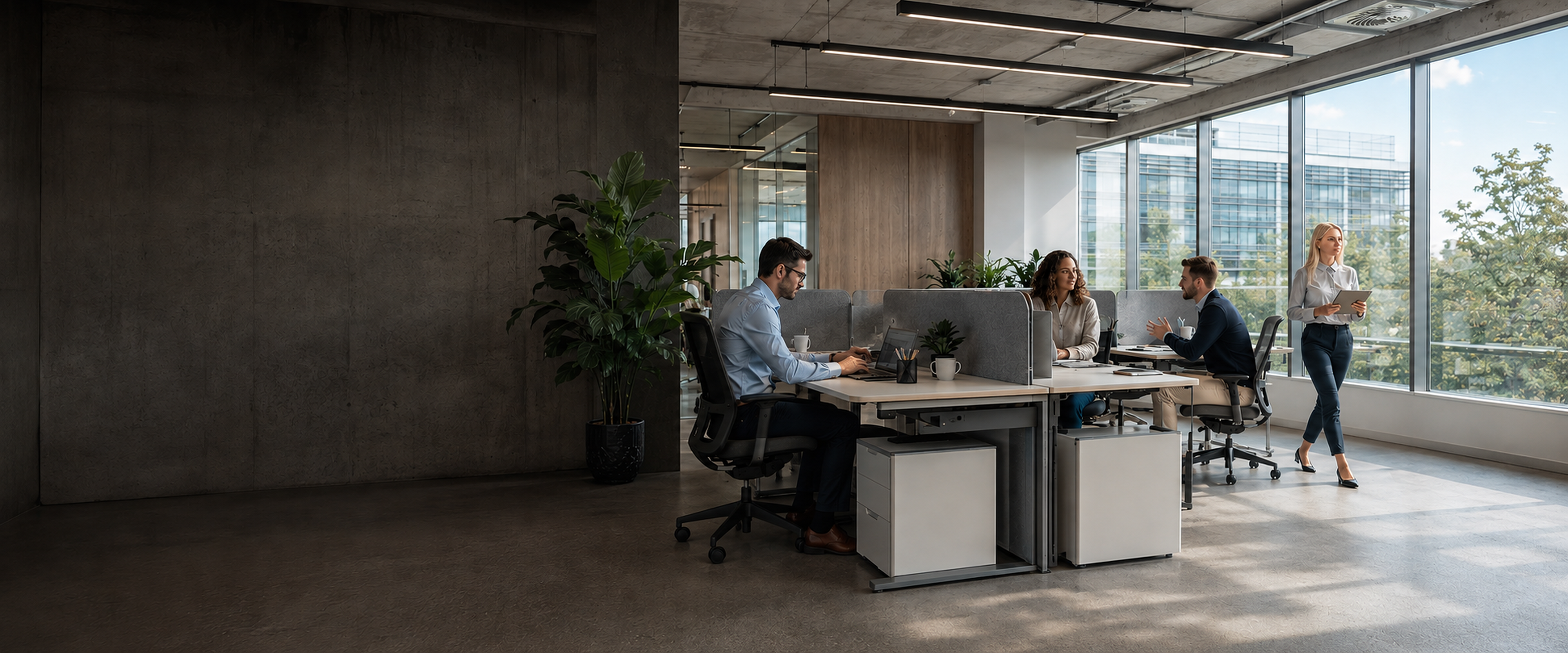 Contemporary daytime office with four clearly visible occupants