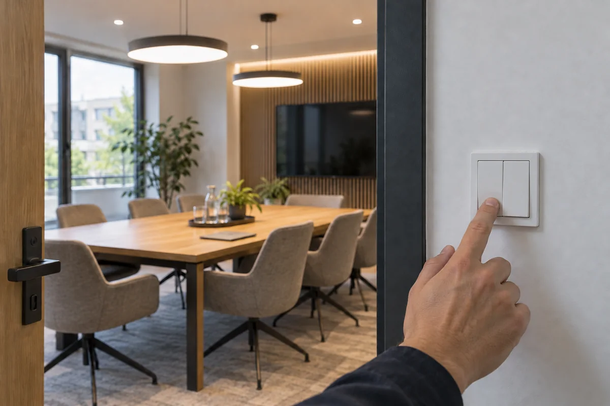 Una mano pulsa un interruptor EnOcean blanco de doble tecla junto a una sala de reuniones
