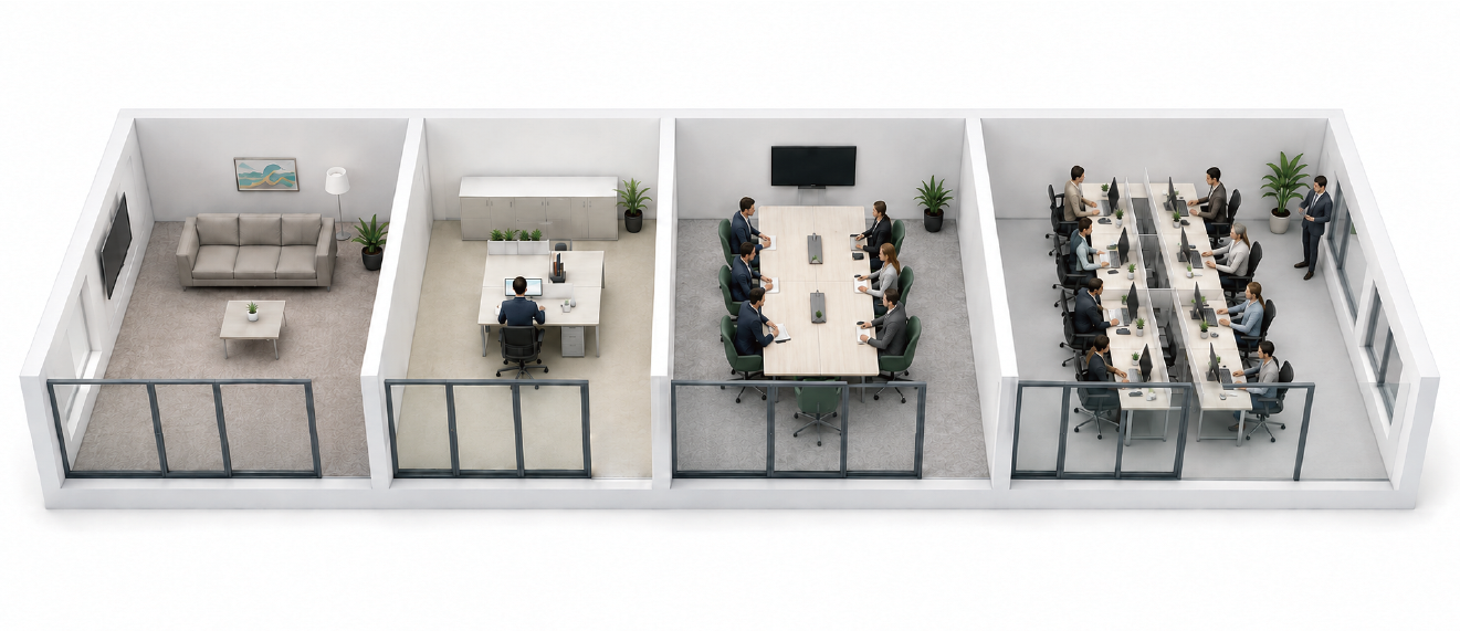 Four office spaces with different occupancy levels