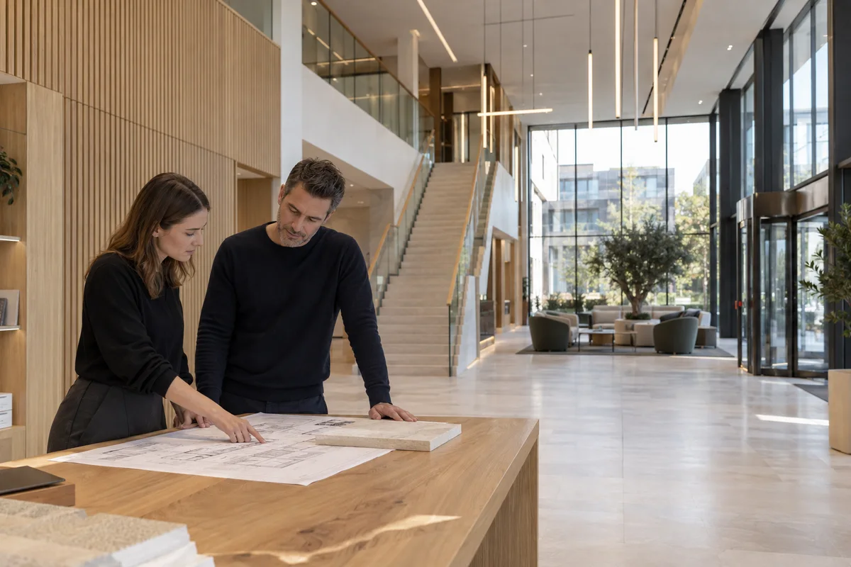 Profesionales de iluminación revisan el plano de un proyecto en un edificio comercial