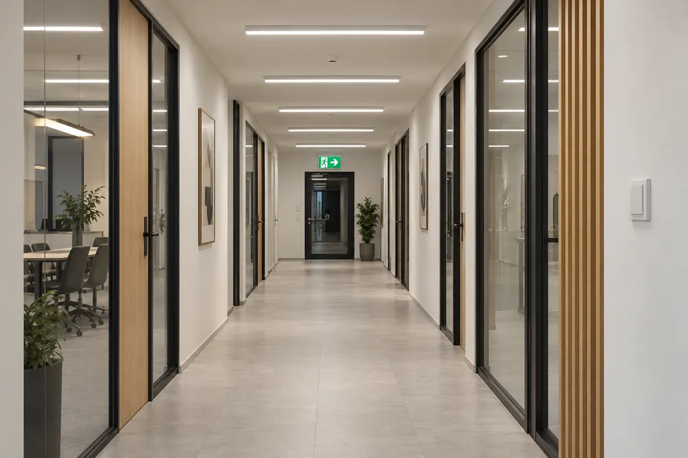 Pasillo comercial iluminado