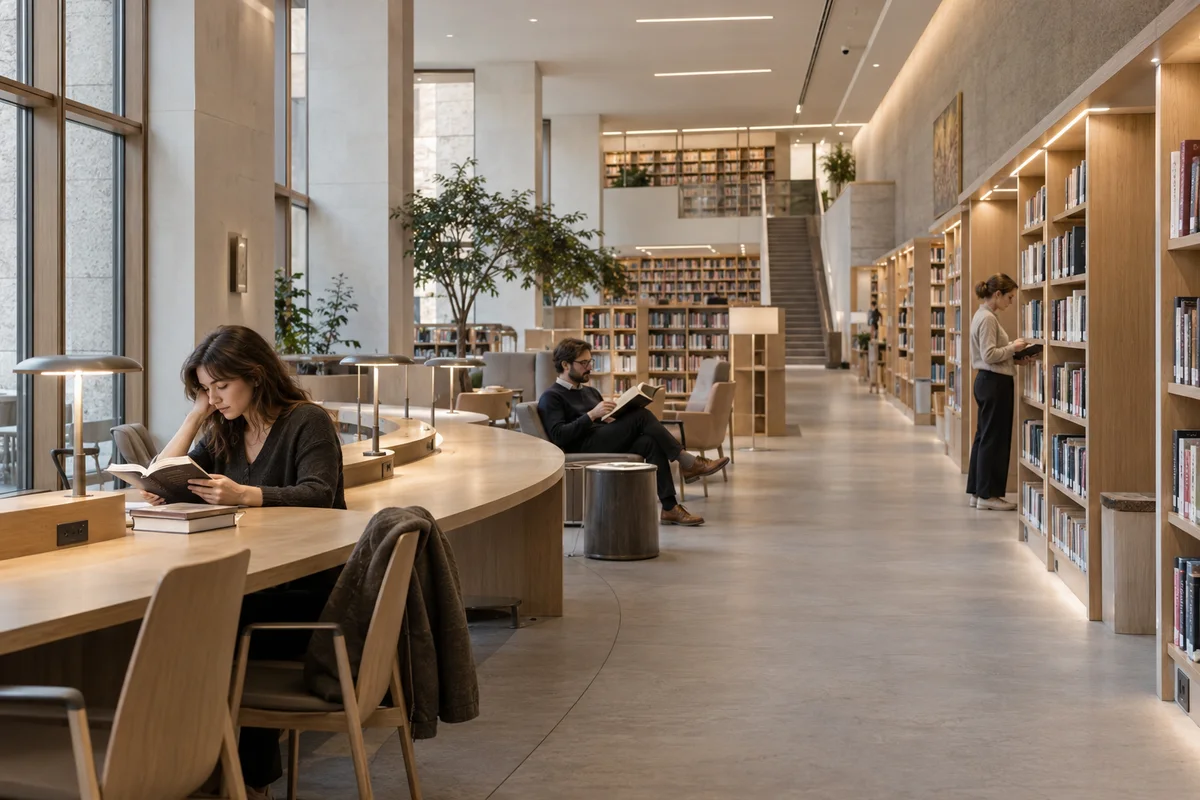 Personas leyendo con iluminación confortable en una biblioteca junto a una zona de circulación claramente iluminada