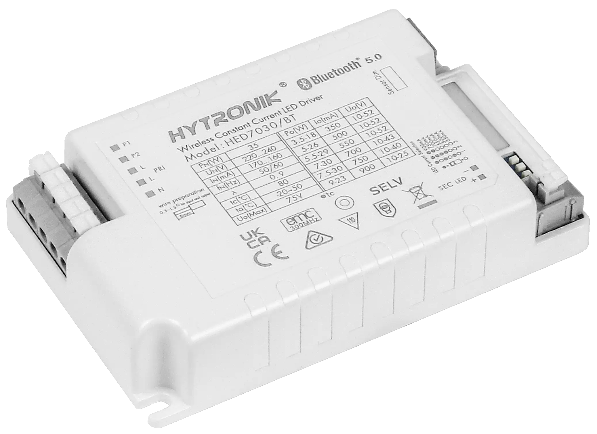 Side view of HED7030/BT Bluetooth Dimmable LED Driver  30W / 0.35-0.9mA  Compact formfactor