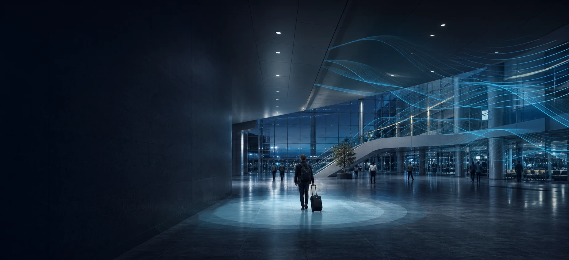 Busy contemporary concourse with stable lighting and restrained blue wireless signal paths