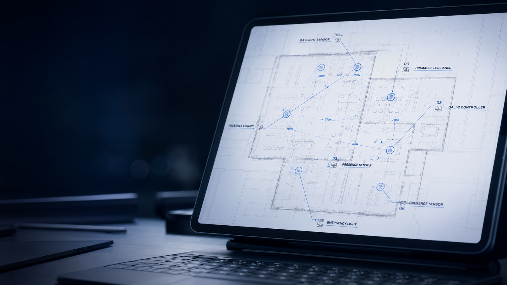 Plano de un proyecto de control de iluminación en un portátil
