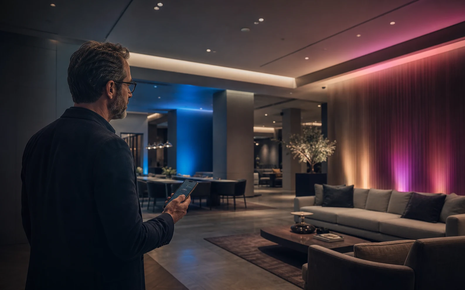 Lighting specialist commissioning separate RGBW zones in a premium interior