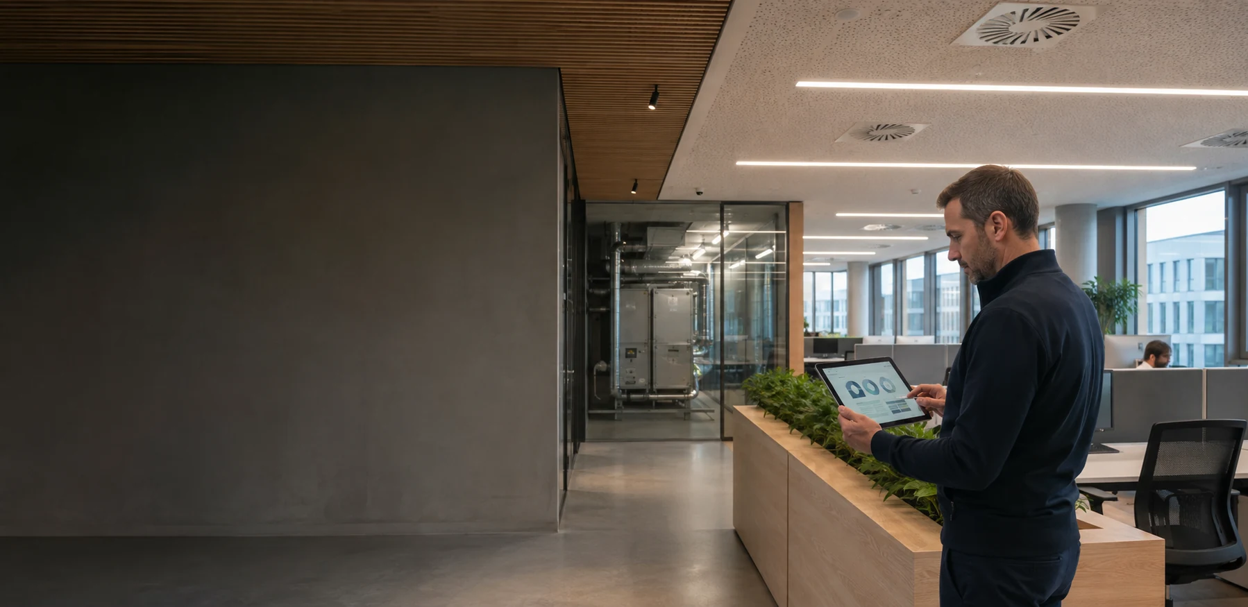 Facility manager reviewing building energy data in a daylit office with active lighting and HVAC