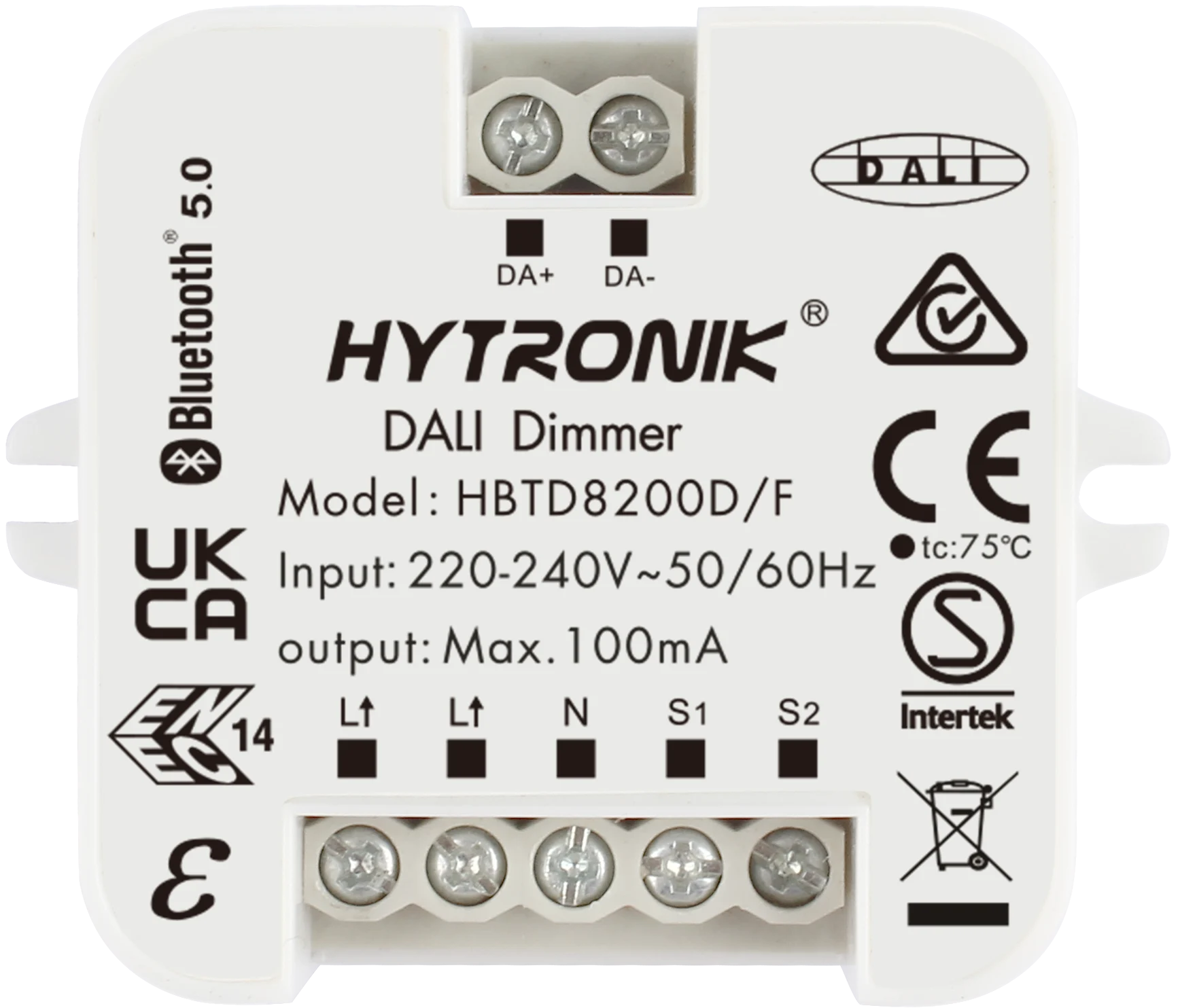 Top view of HBTD8200D/F DALI/Bluetooth Converter  Integrated 100mA PSU  Screw Mounting