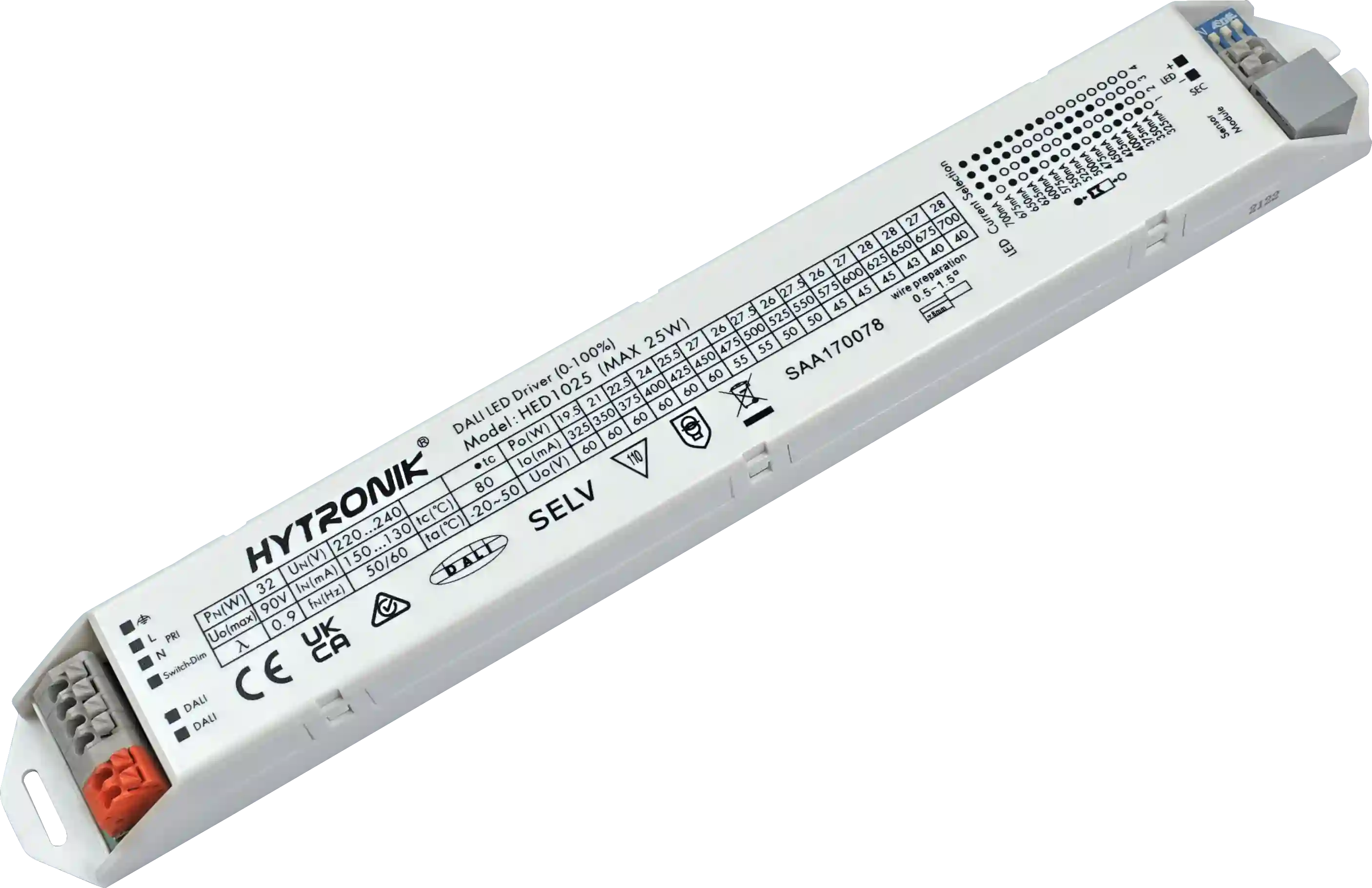 Side view of HED1025 LED Driver 25W Dimmable DALI & SwitchDim  Built-in version