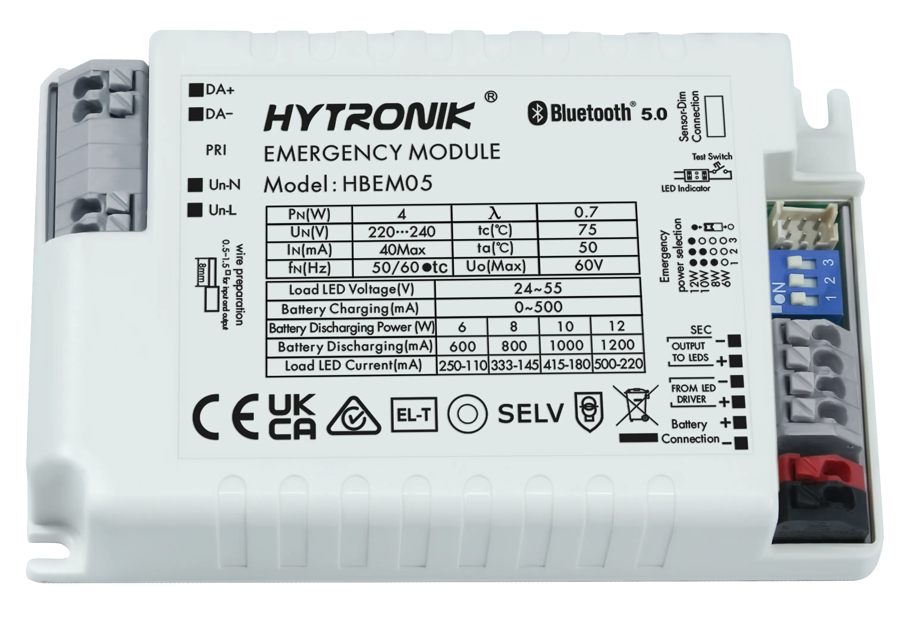 Side view of HBEM05 Emergency Inverter Max.12W  DALI Dimmable  Attachable sensor heads