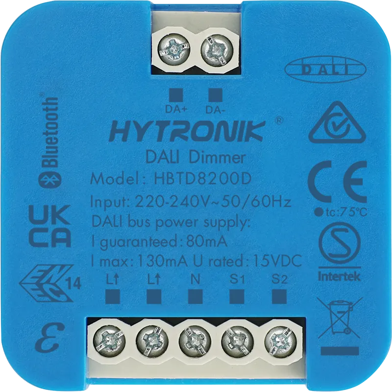 Front view of HBTD8200D DALI/Bluetooth Converter  Integrated 80mA PSU  Wall Junction Box