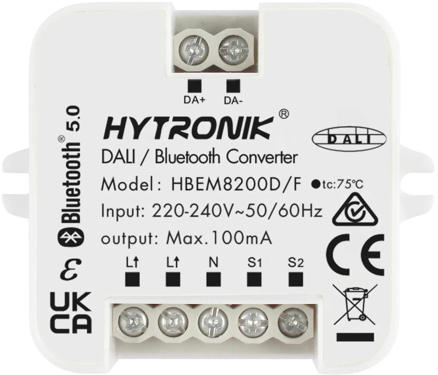 Top view of HBEM8200/F DALI/Bluetooth converter  Integrated 100mA PSU  Screw mounting