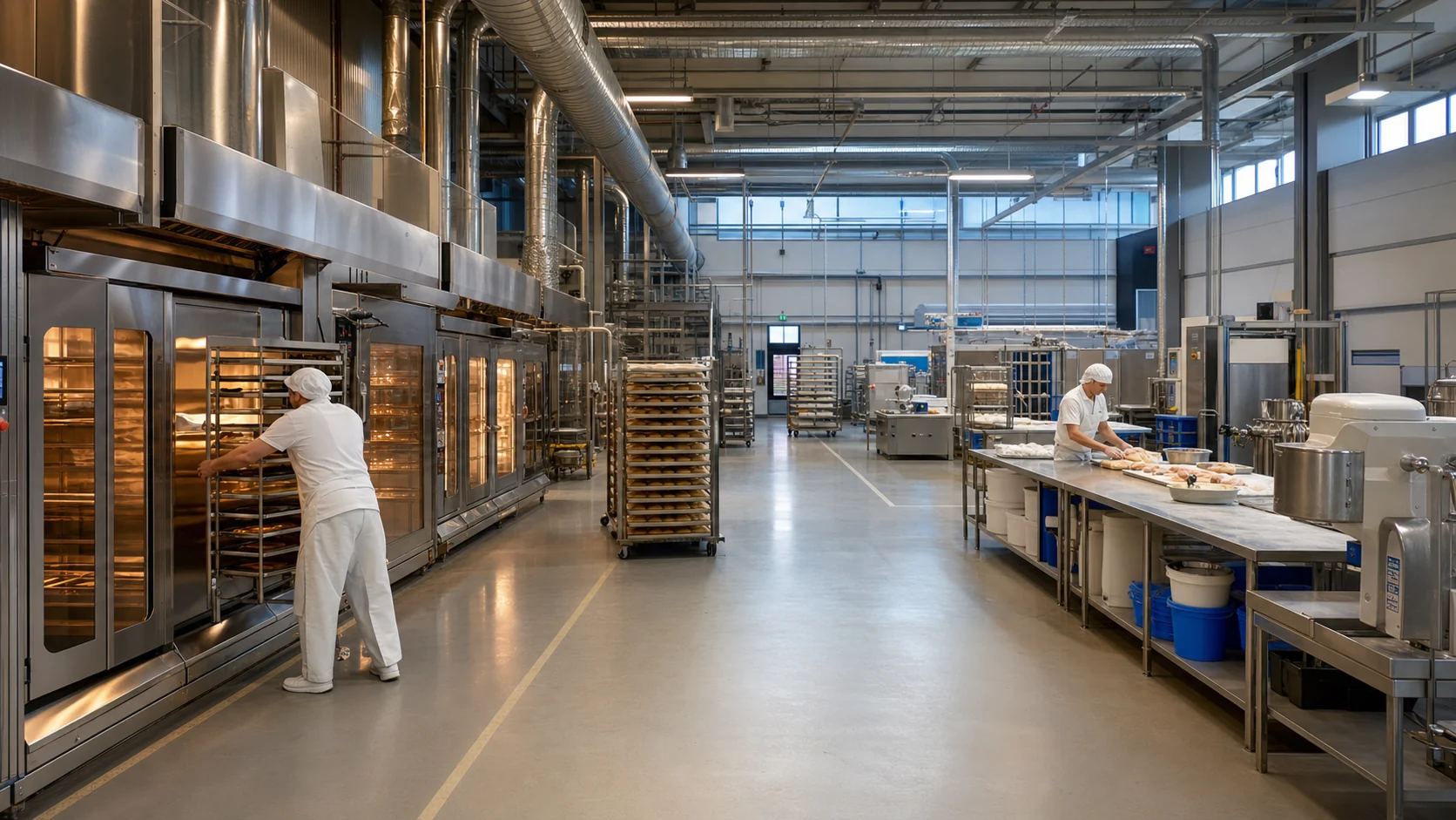 Warm food-production environment with ovens and separate work zones