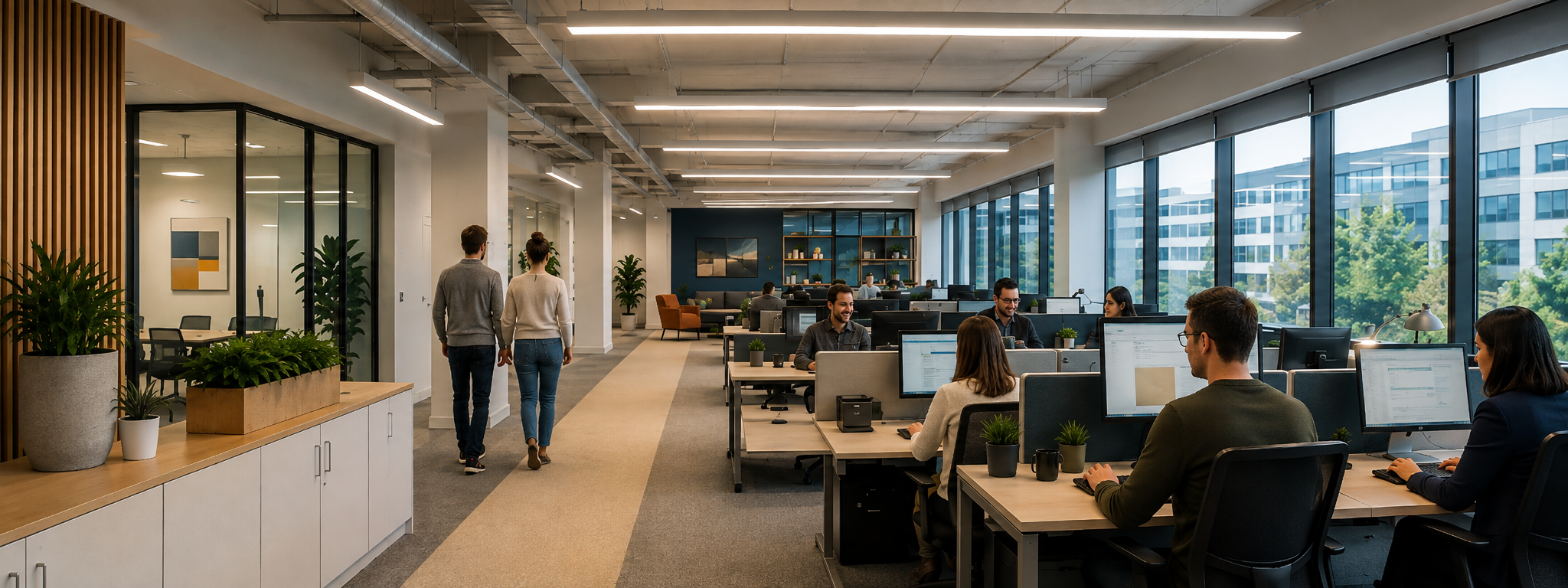Oficina diáfana con puestos de trabajo y luz natural