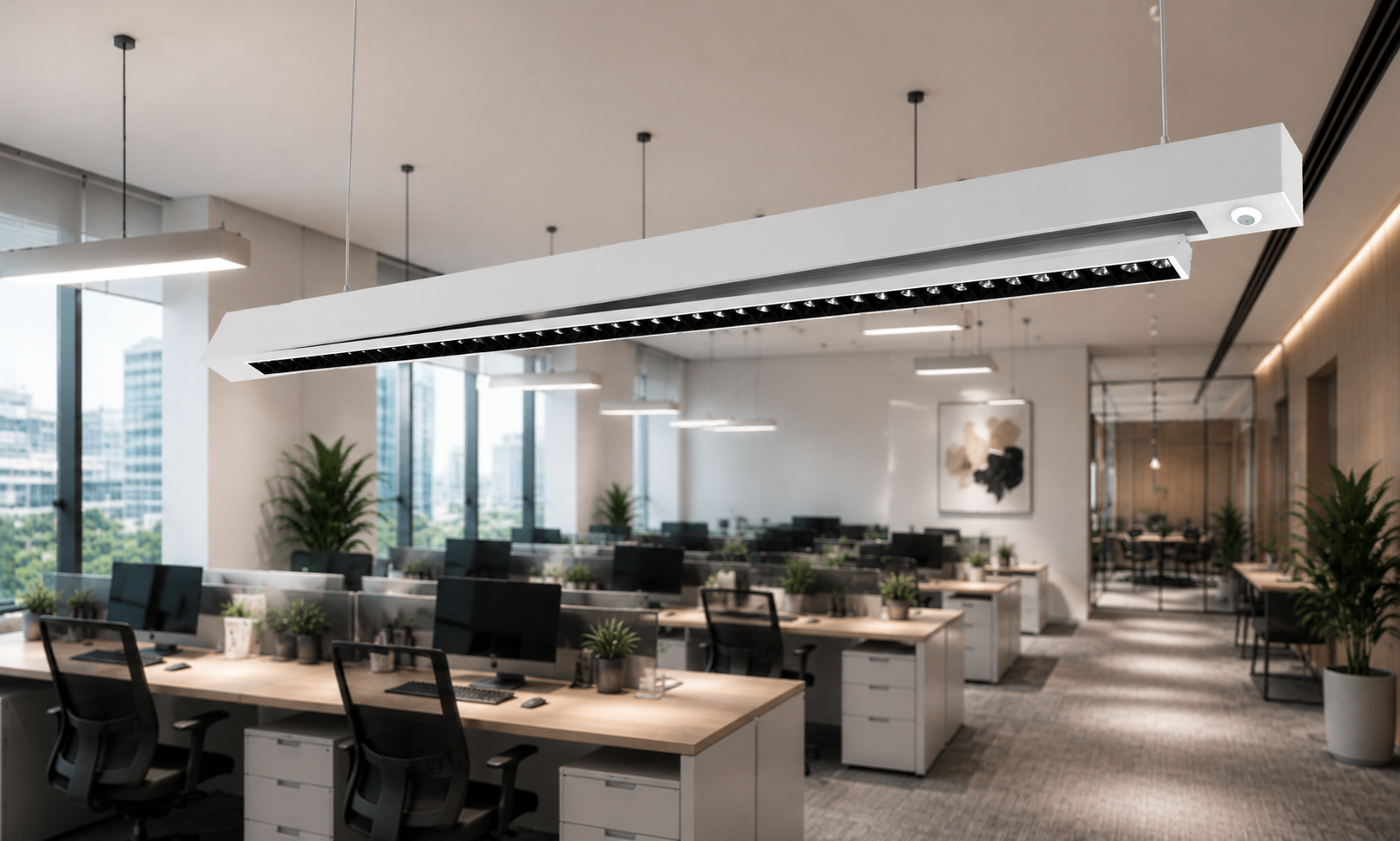 Linear office luminaire with a compact sensor head