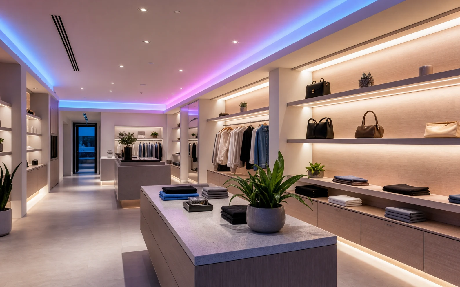 Boutique retail interior using RGBW strip lighting with accurate white merchandise lighting
