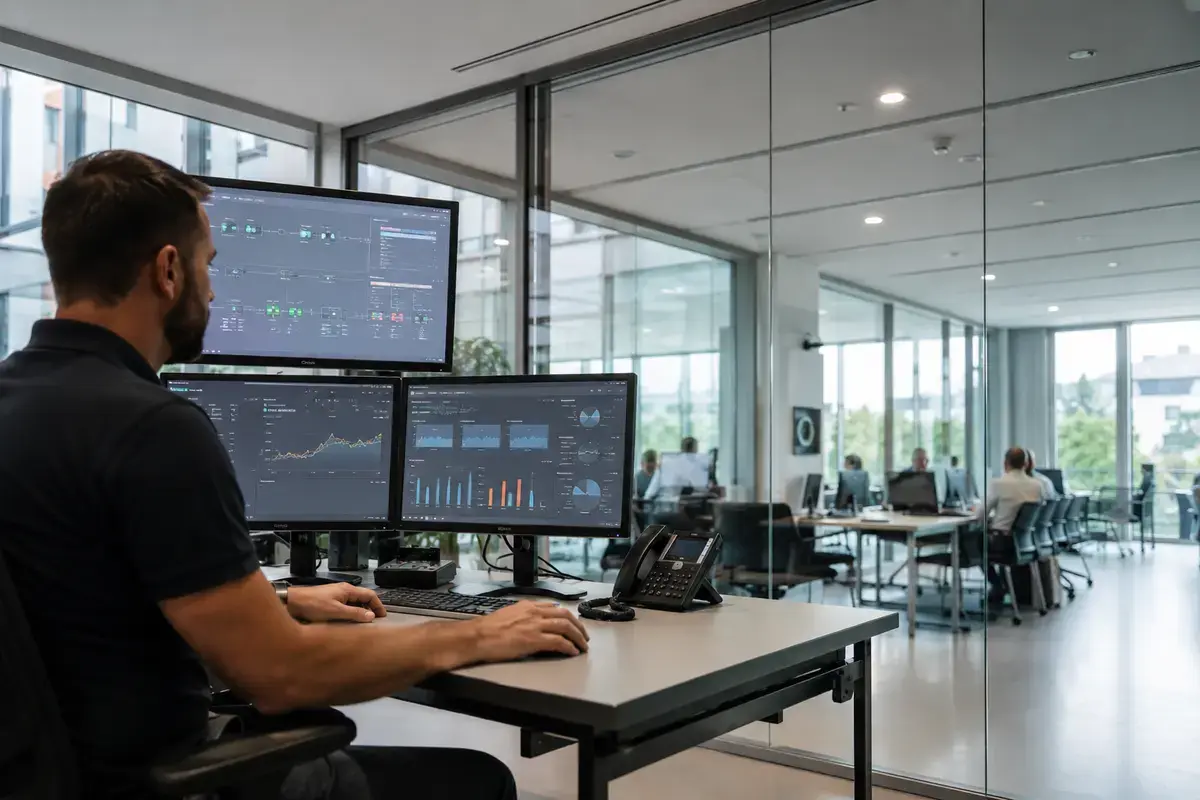Facilities operator reviewing building data from occupied office spaces