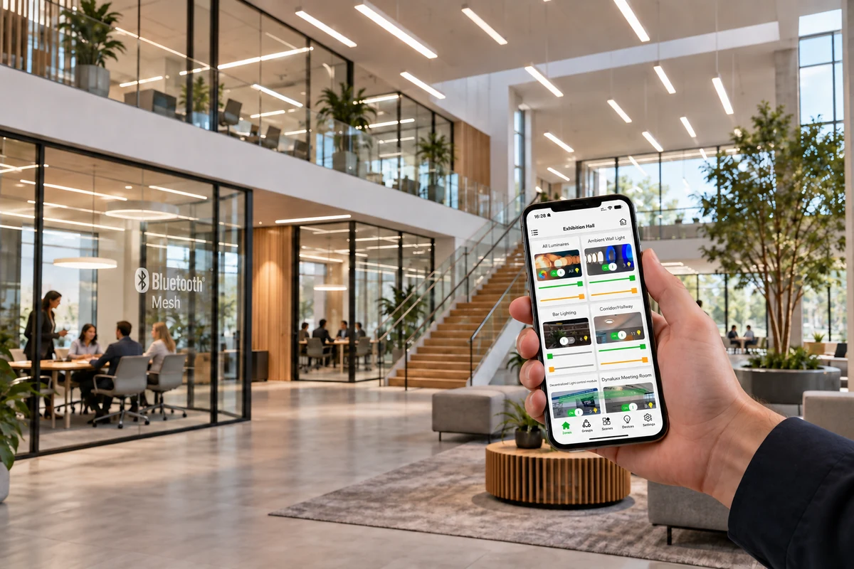 App Koolmesh que controla un lugar de trabajo conectado, con una discreta marca Bluetooth Mesh en el cristal