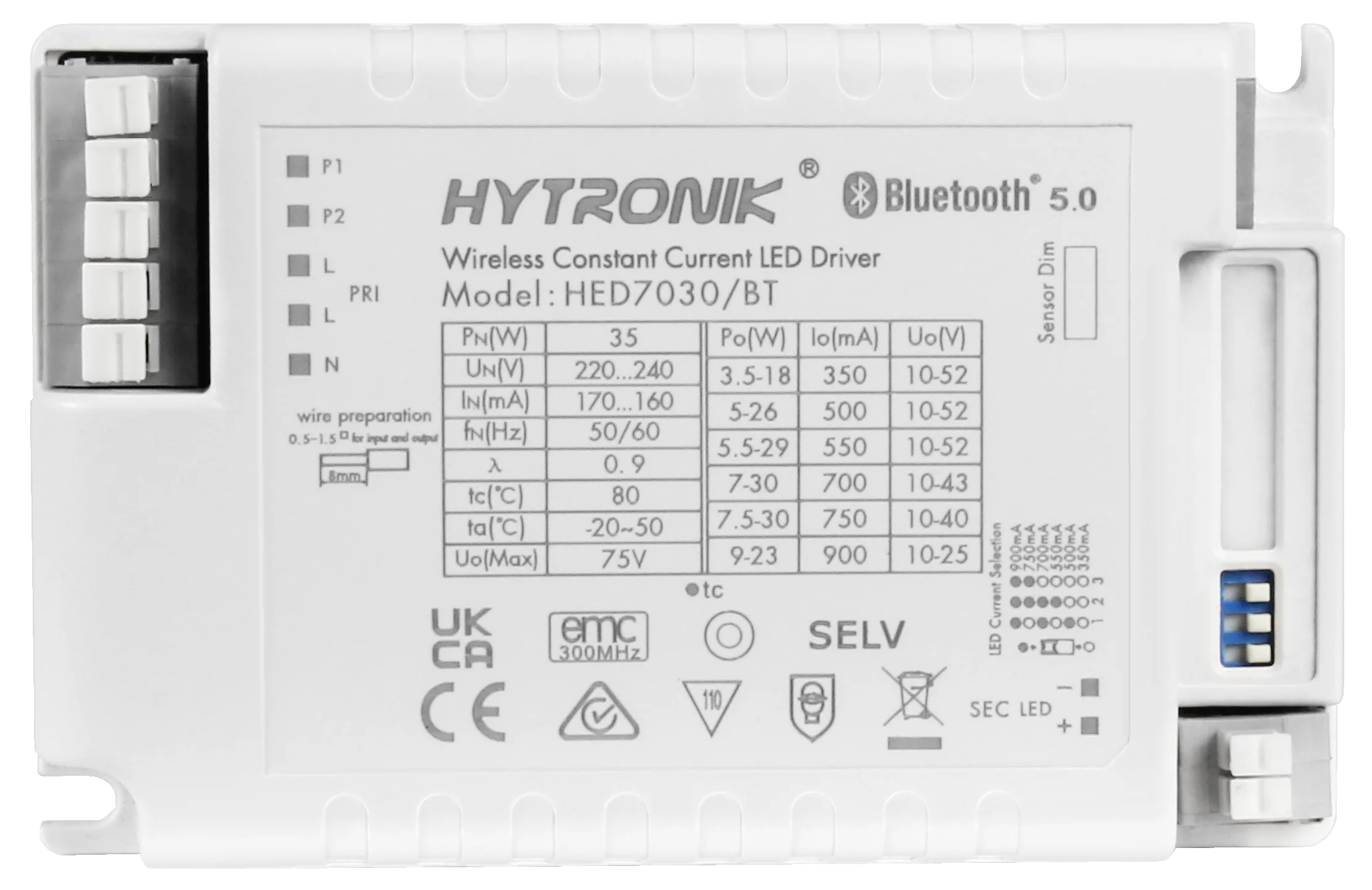 Top view of HED7030/BT Bluetooth Dimmable LED Driver  30W / 0.35-0.9mA  Compact formfactor