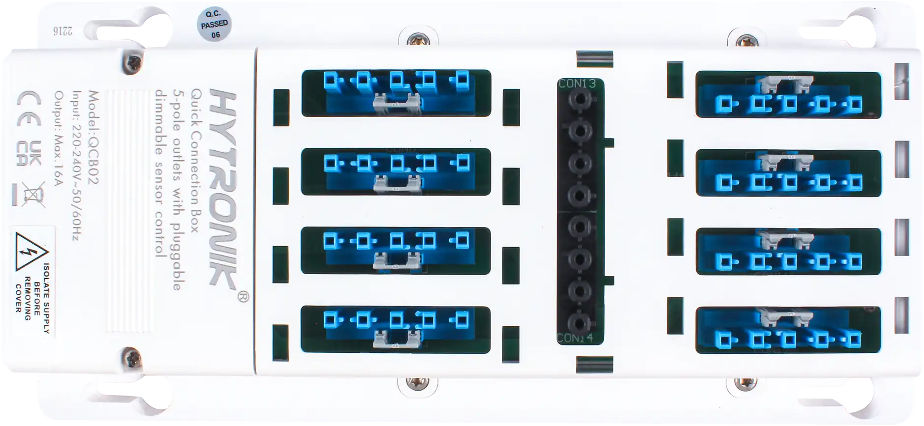 Front view of QCB02 Quick Connection Box  DALI/DALI2  GST Types 5-poles x 8 lum. + 1 sensor